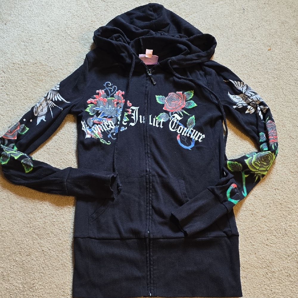 Romeo & Juliet Couture Black Hoodie with Red Floral Design